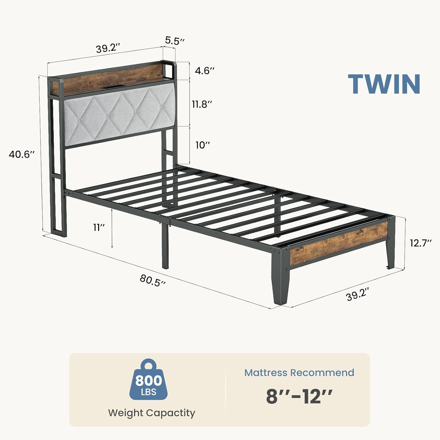 Upholstered Twin Bed Frame with USB Charging & Under Bed Storage, No Box Spring gallery