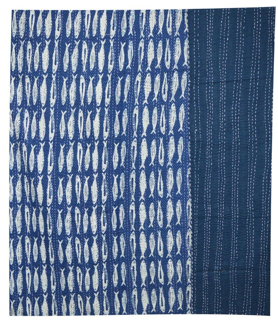 Blue Fish Block Printed Cotton Kantha Quilt Bedspread Blanket Queen Size Gifts gallery