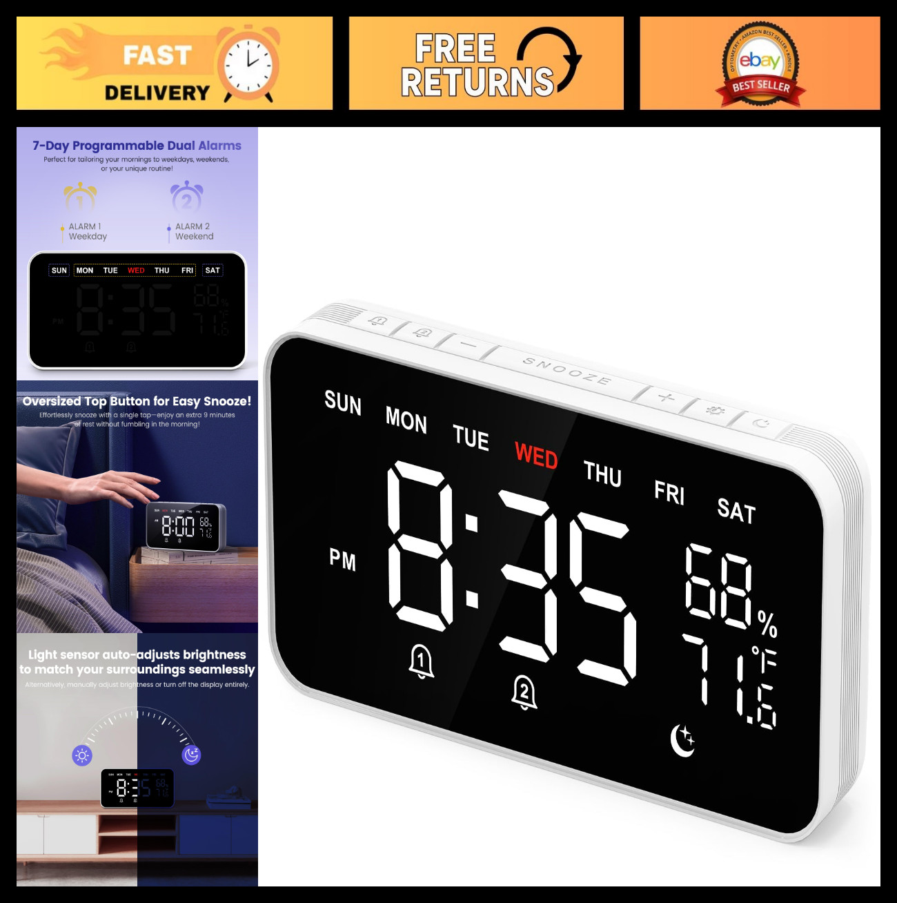 Digital Alarm Clock for Heavy Sleepers, Dual Alarms, Temp & Humidity, Large Disp gallery