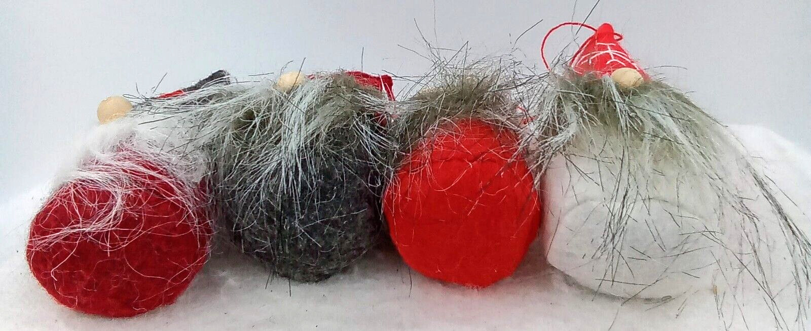 Wee Gnome Ornaments Snowflake Knit Hats Red Gray White Wood Nose Beard Set of 4 gallery