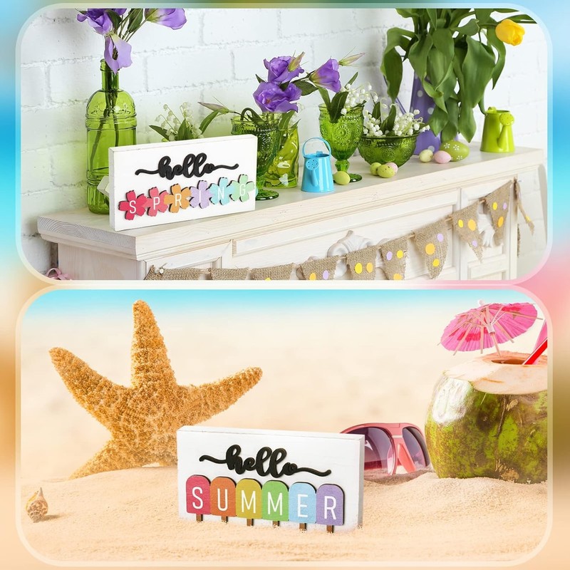 Roowest 5 Pcs Hello Spring Interchangeable Sign Seasonal Sign Summer Fall Winter gallery
