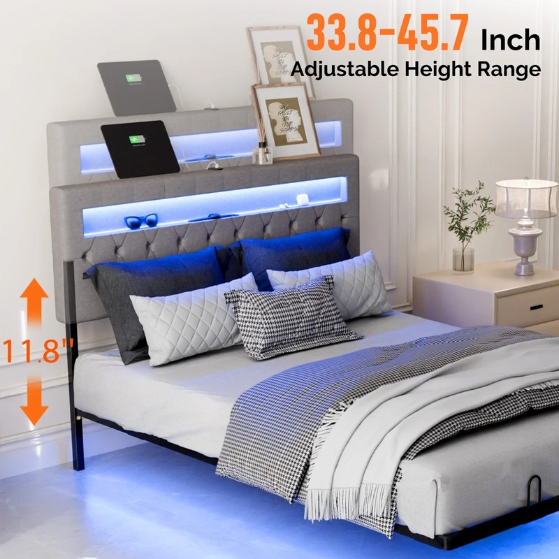 Full Floating Bed Frame w/ LED Cama Full con Luz LED Plataforma Gris NEW gallery