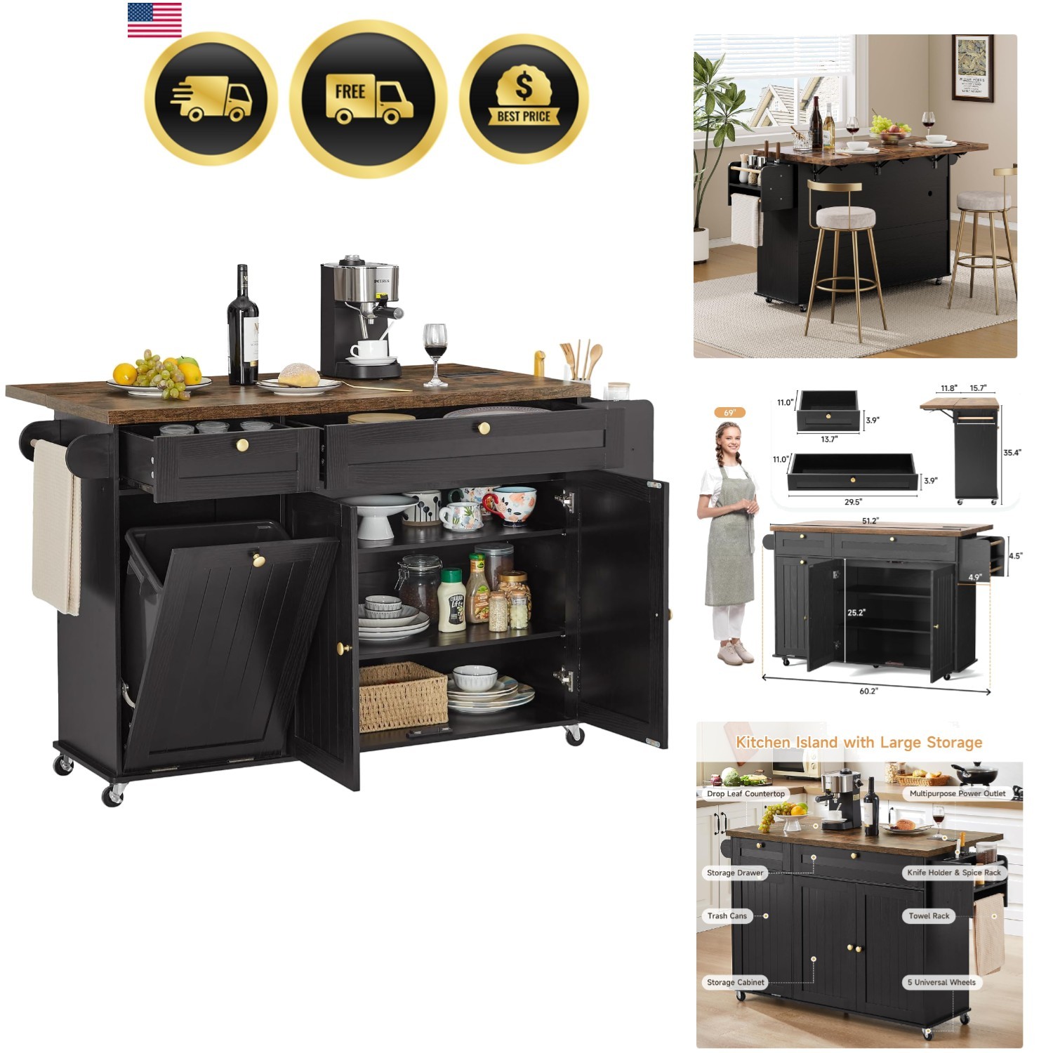Kitchen Island with Power Outlet Drop Leaf Spice Rack Towel Holder Cart gallery