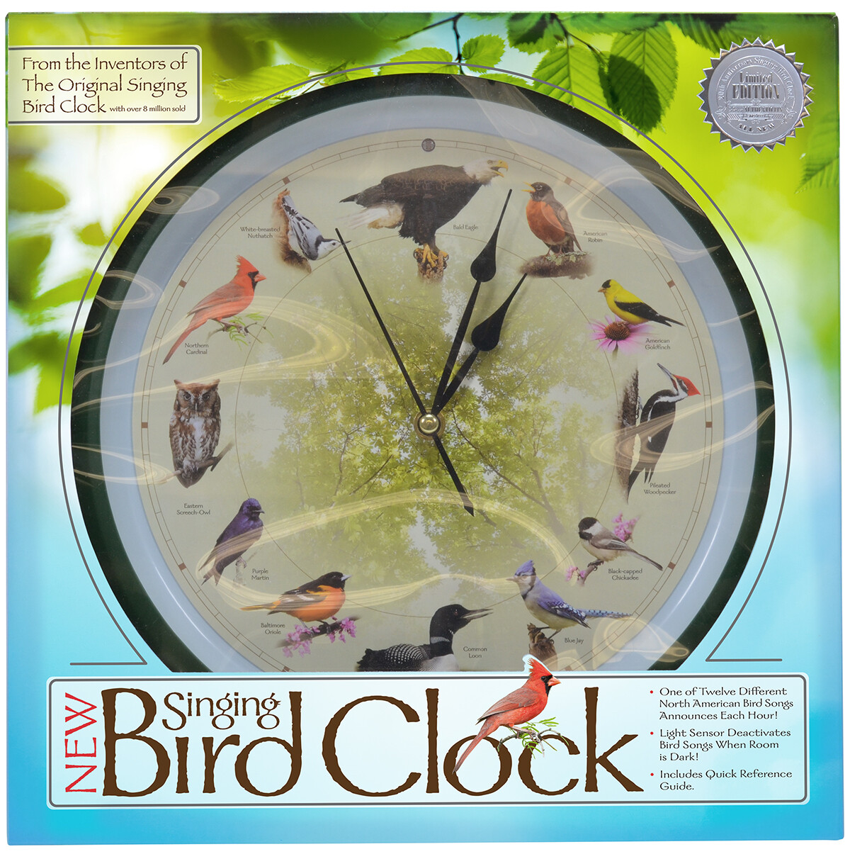 Limited Edition 20th Anniversary Singing Bird Wall Sound Clock, 13", Green gallery