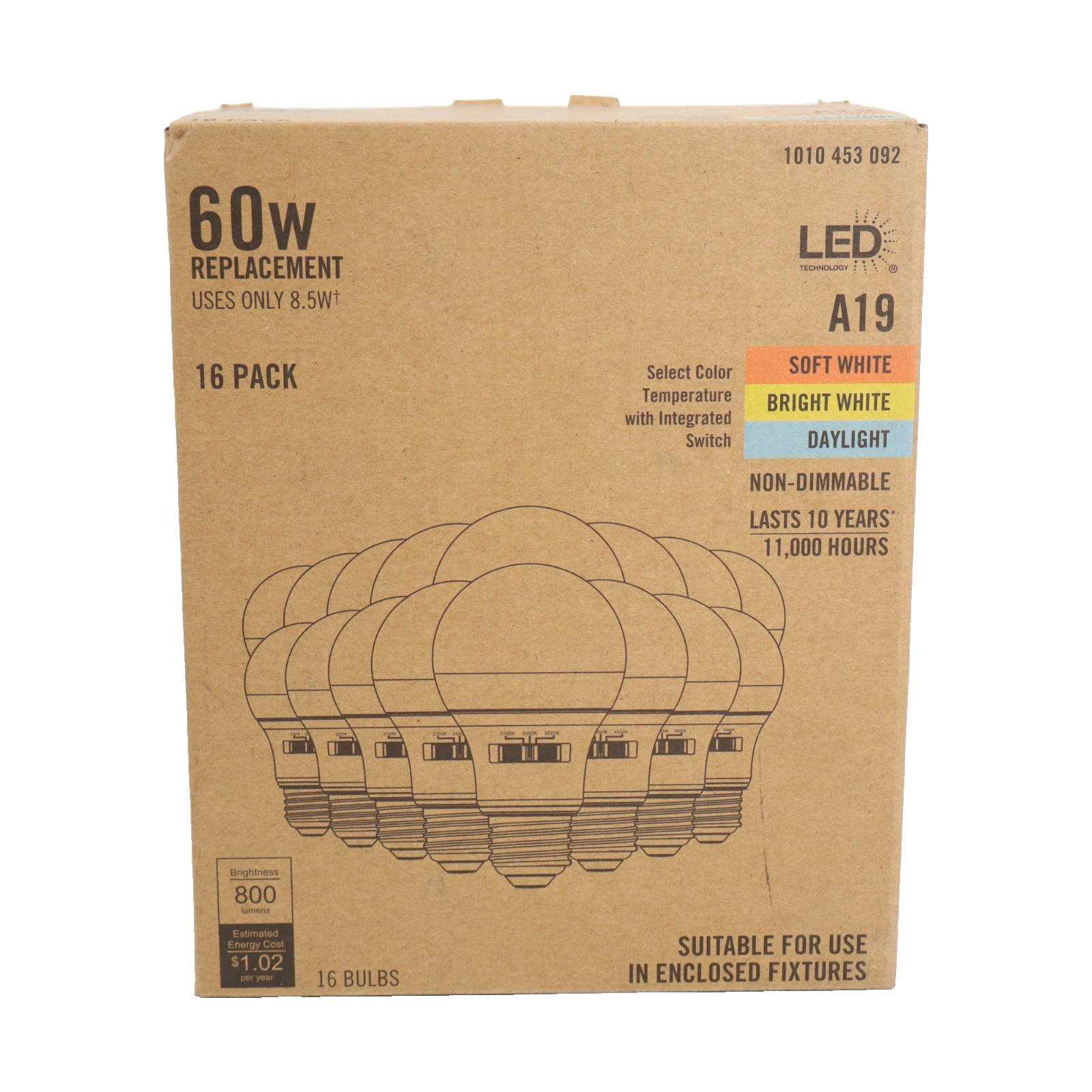 60-Watt Equivalent A19 Non-Dimmable LED Light Bulb 800 Lumens, 3 CCT - (16-Pack) gallery