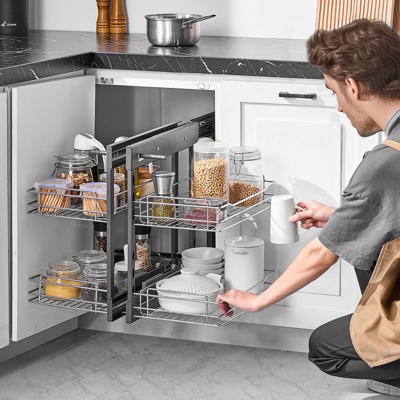2 Tier 4 Shelf Blind Corner Pull Out Organizer Chrome Kitchen Cabinet Basket gallery
