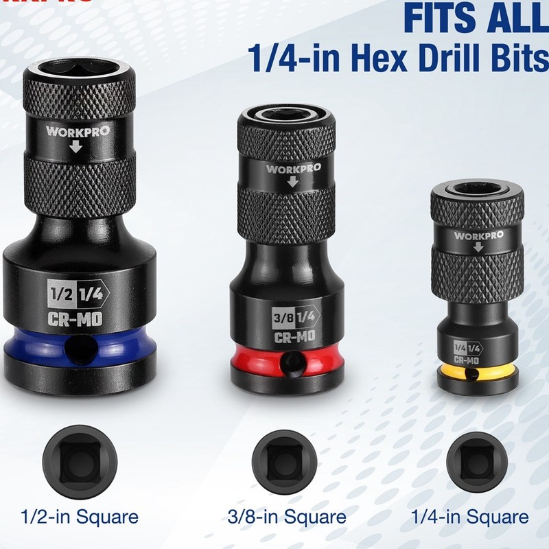 WORKPRO 1/2" 3/8" 1/4inch Quick Release Hex Impact Socket Adapter Bit Holder Set gallery