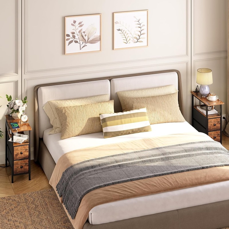 End Table with Charging Station Side Table with 2 Fabric Drawers Nightstand gallery