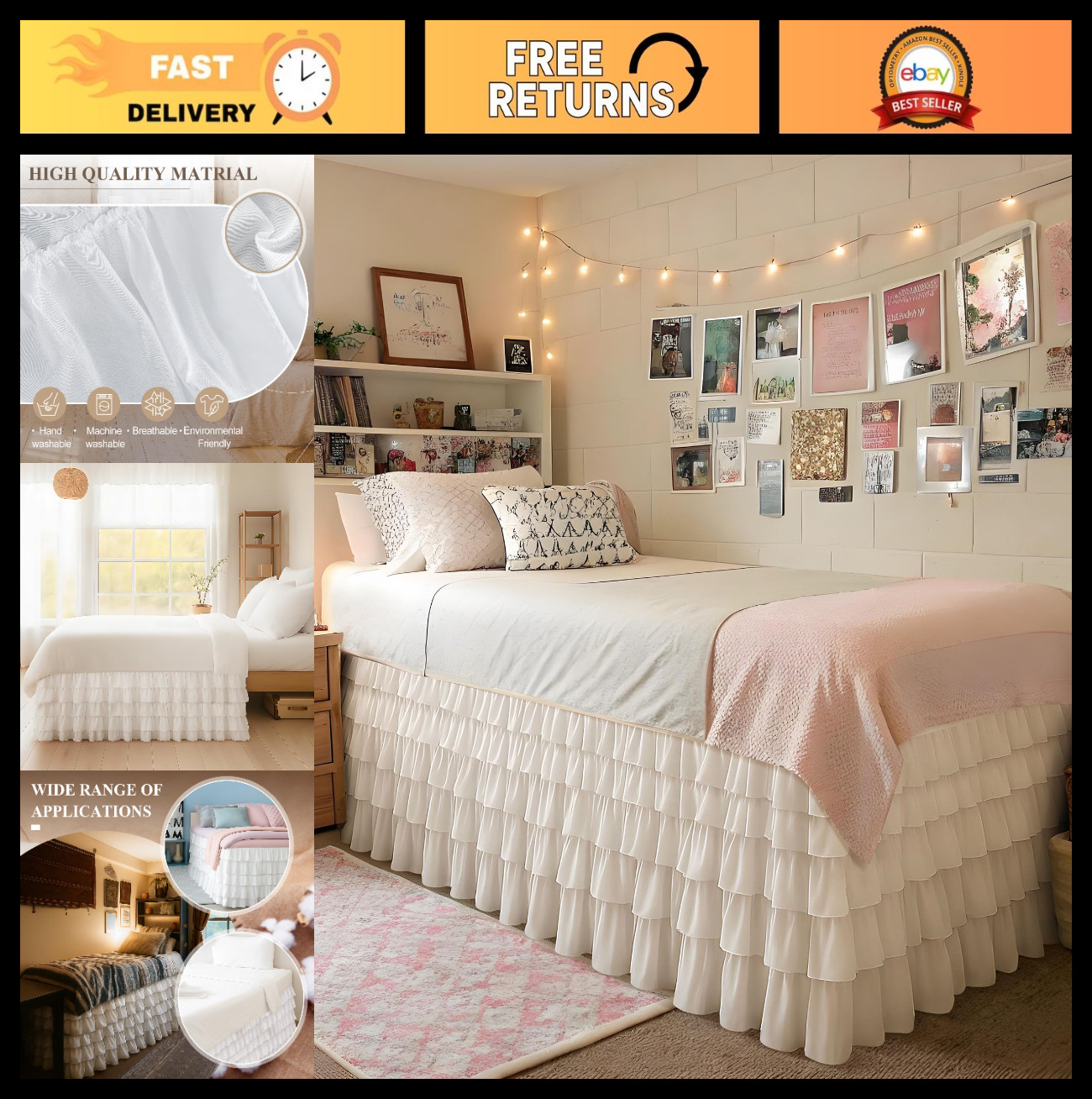 Extra Long Twin XL Bed Skirt - Multi Ruffled, 36'' Drop, Embroidered Dust Ruffle gallery