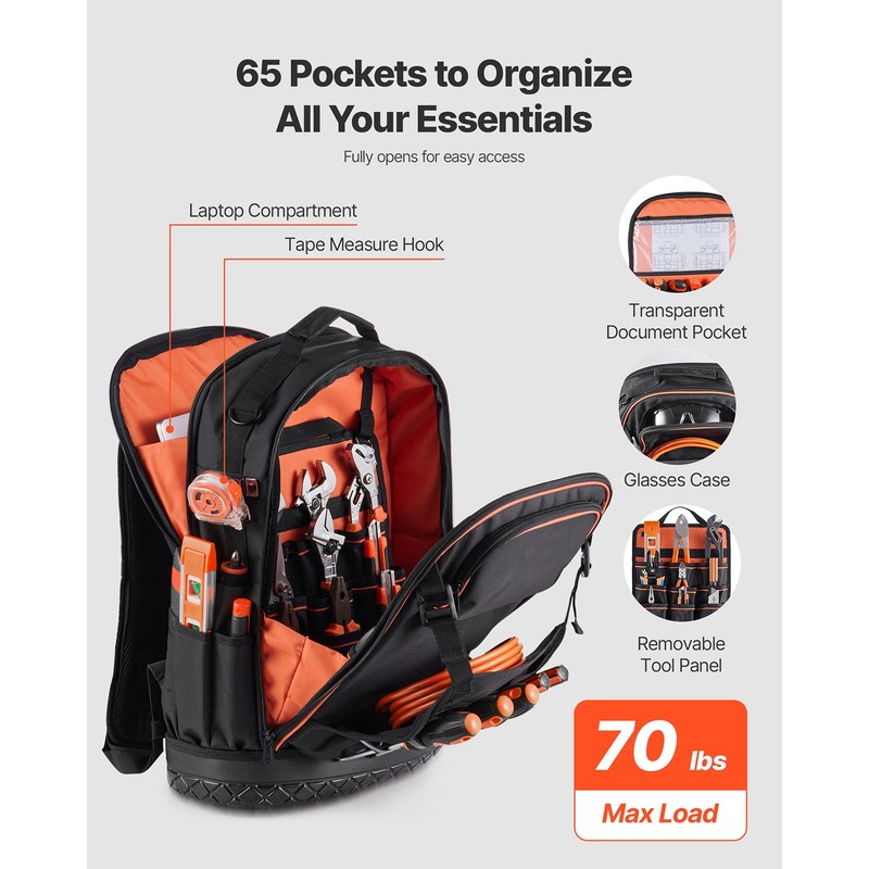 Tool Backpack 65 Pockets Tear-resistant Jobsite Backpack for Electrician gallery