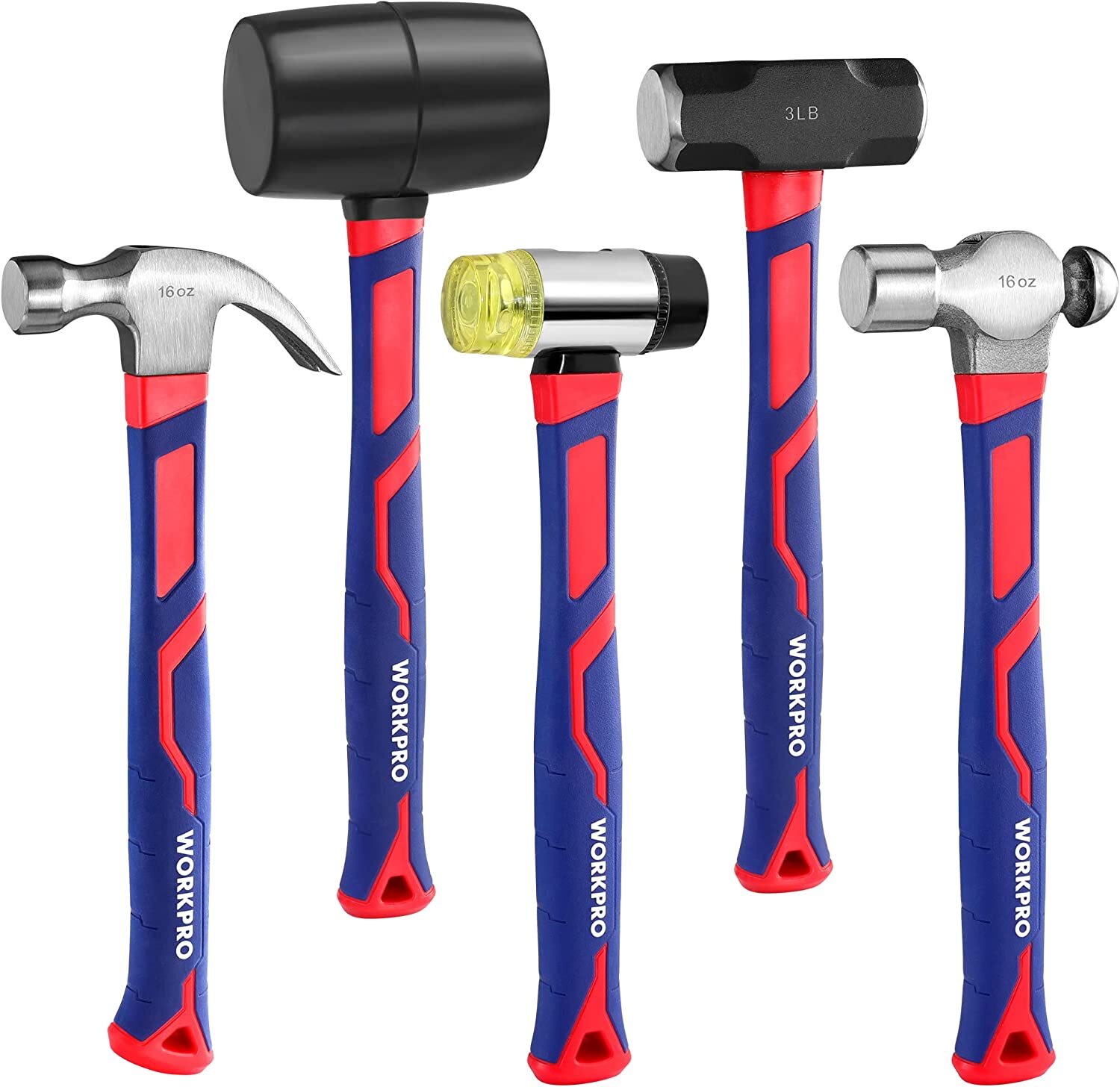 WORKPRO Hammer Set 5-PC 32oz Rubber Mallet 16oz Claw Hammer 3lb Sledge Hammer gallery