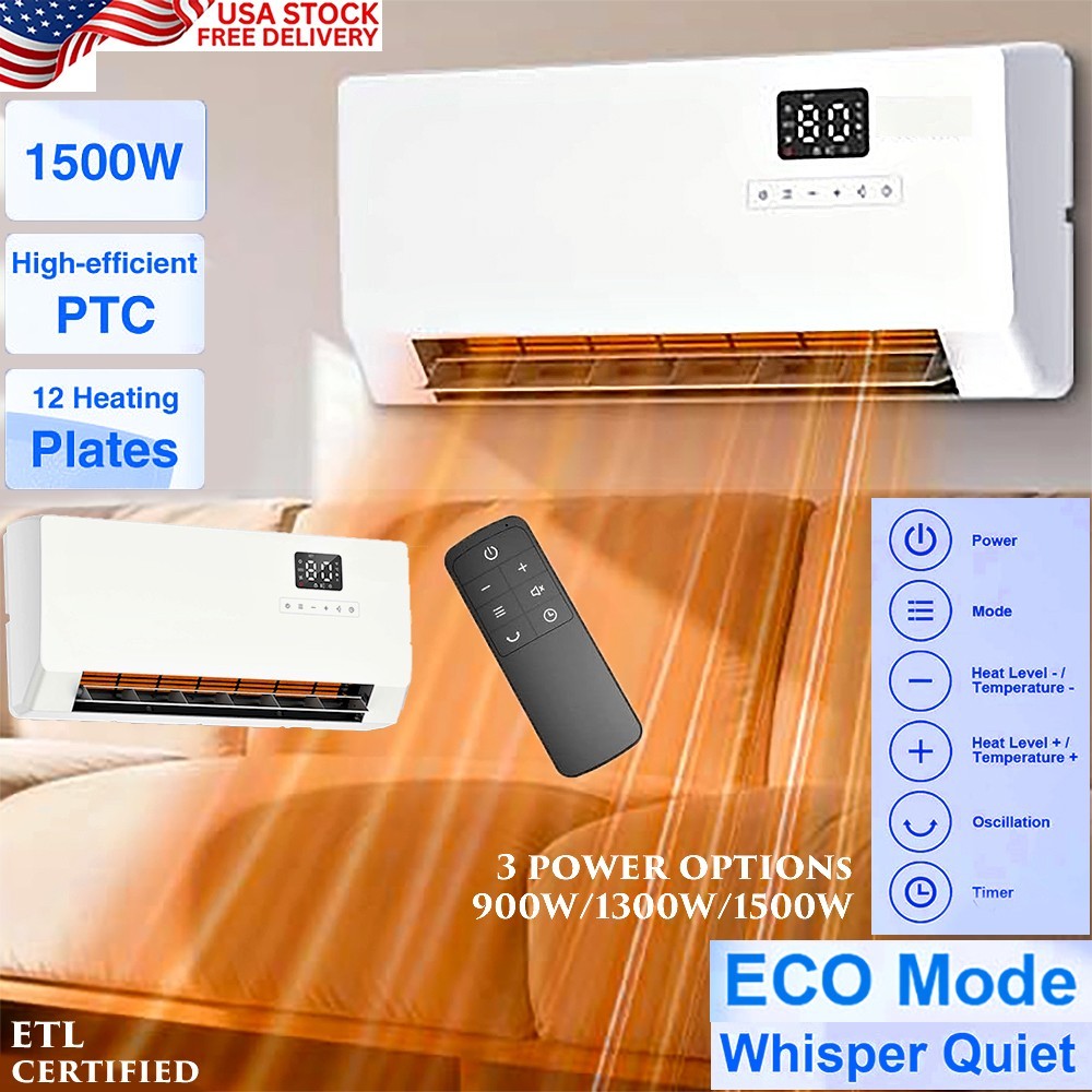 ELECTRIC WALL HEATER 1500W FAST HEATING QUIET REMOTE TIMER ECO MODE OSCILLATION gallery