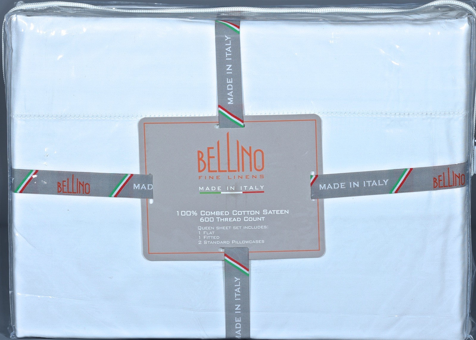 BELLINO Fine Linens WHITE 100% Combed Cotton Sateen 600TC Hemstitch QUEEN Sz Set gallery