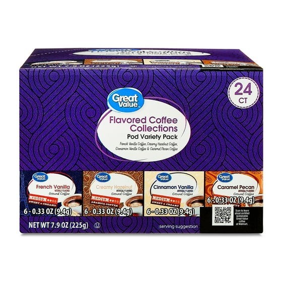Great Value Flavored Medium Roast Ground Coffee Pods Variety Pack, 7.9 oz, 24 CT gallery