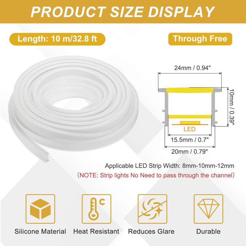32.8ft/10m LED Diffuser Channel, 20x10mm Silicone LED Channel System gallery