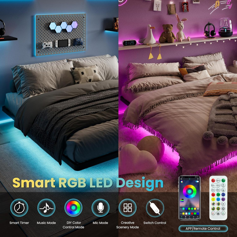 King Size Floating Bed Frame with LED Lights & Charging Station, Matte Black gallery
