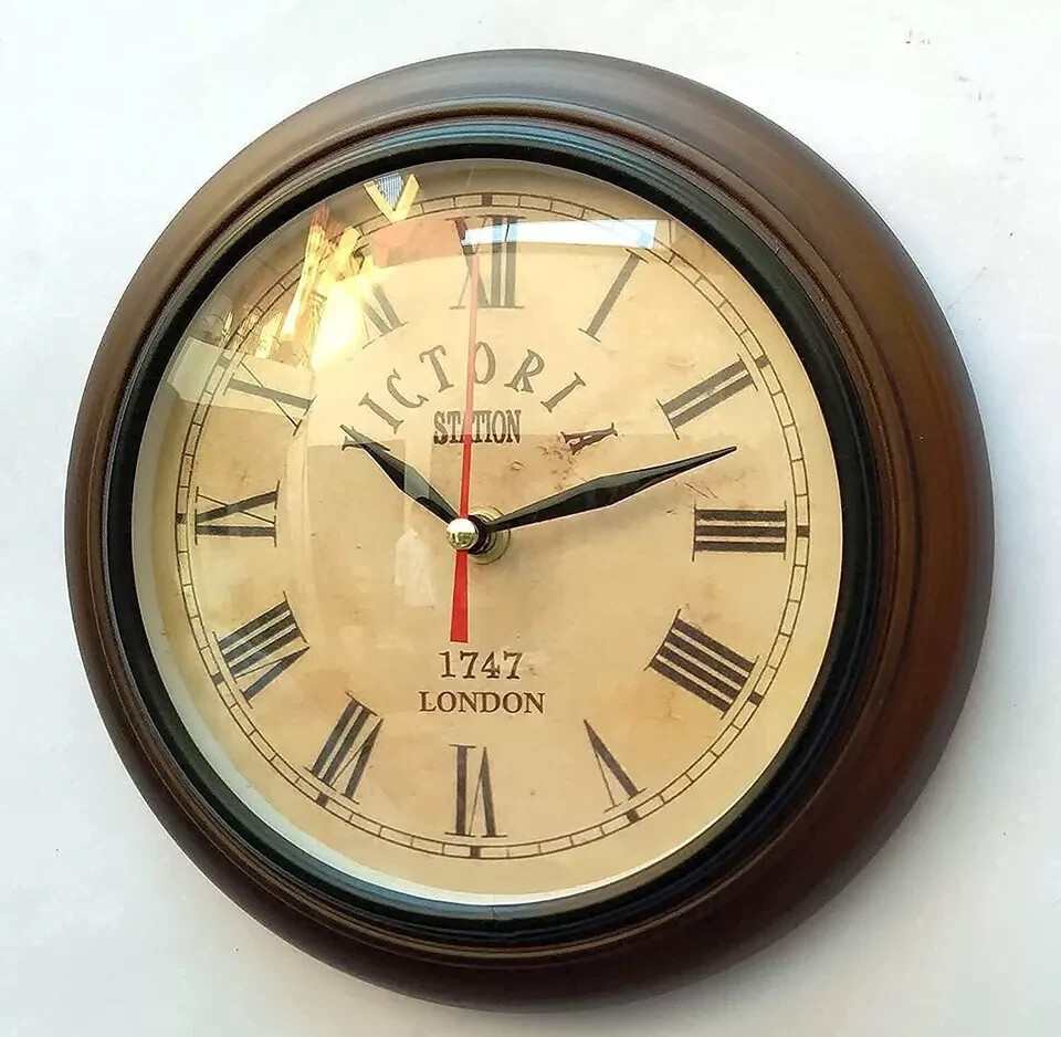 8" Wooden Deep Glass Wall Clock Antique Style Brown Finish Wall Clock Silent gallery
