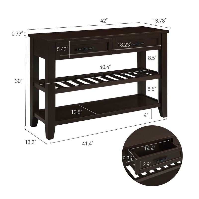 Retro Design Console Table with Two Open Shelves, Pine Solid Wood Frame and Legs gallery