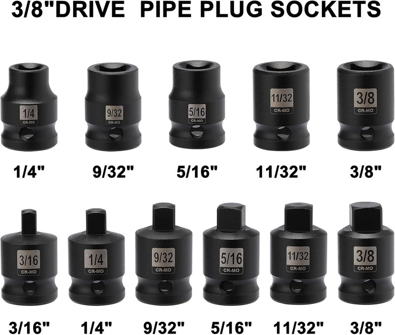 11PCS 3/8" Drive SAE Pipe Plug Socket Set, Tapered Male Square Drive, Chamfered gallery