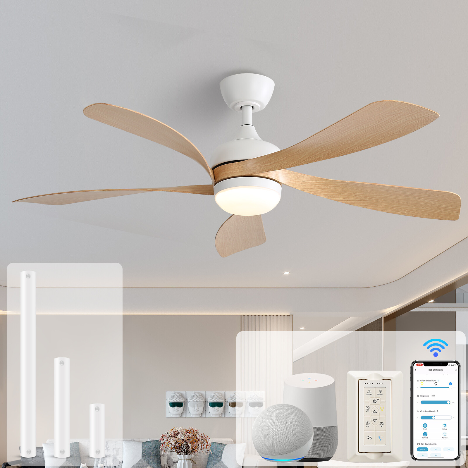 Sofucor 52" Smart Ceiling Fans with Lights and Remote Work with Alexa/Google/App gallery