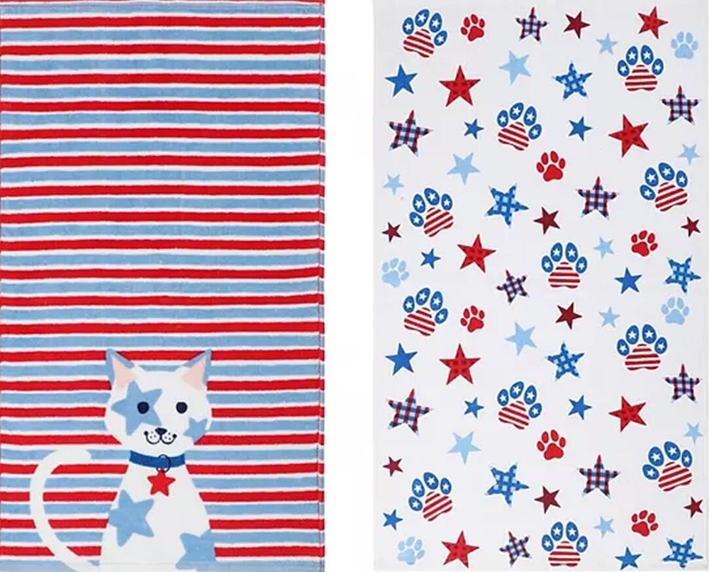 2 DIFFERENT PRINTED TERRY TOWELS (15"x26") PATRIOTIC, USA STAR SPOTTED CAT, KO