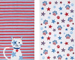 2 DIFFERENT PRINTED TERRY TOWELS (15″x26″) PATRIOTIC, USA STAR SPOTTED CAT, KO