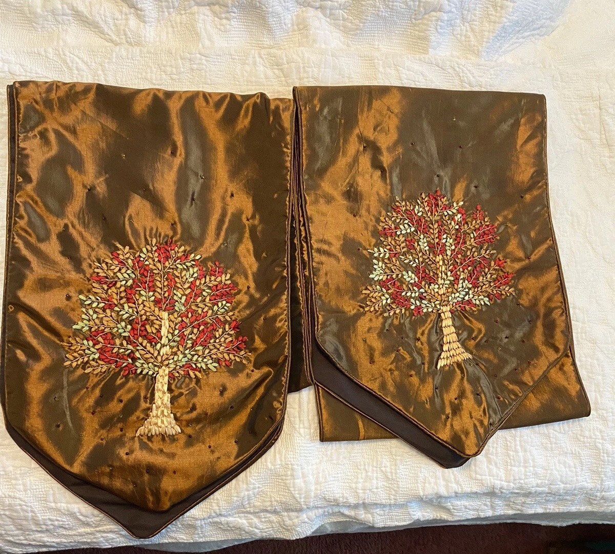 Table Runner Brown Satin W/embroidered Tree And Beads 13x72. Set Of 2 gallery