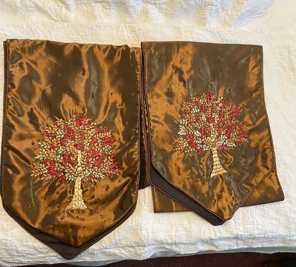 Table Runner Brown Satin W/embroidered Tree And Beads 13x72. Set Of 2