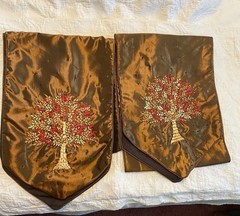 Table Runner Brown Satin W/embroidered Tree And Beads 13×72. Set Of 2