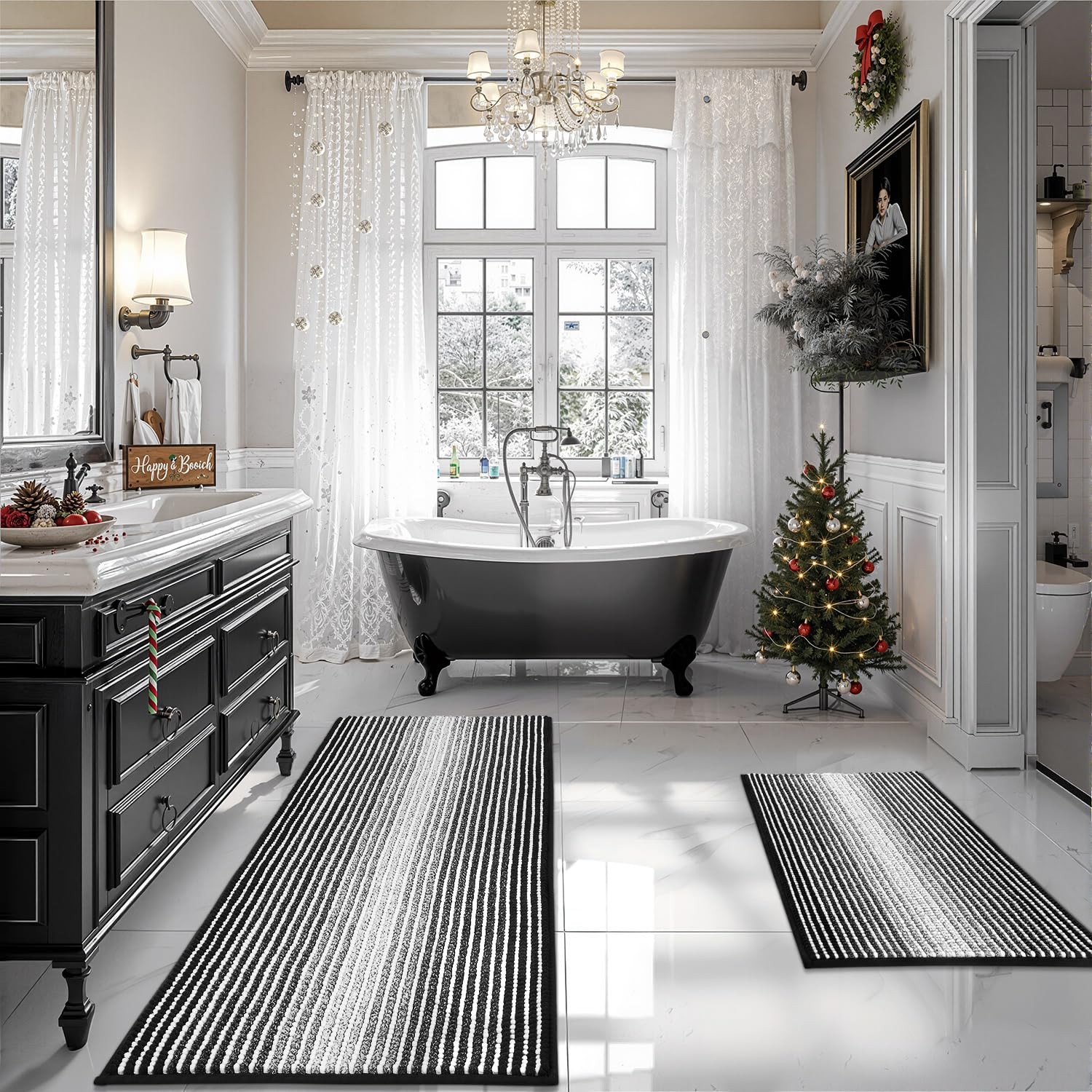 BSICPRO Bathroom Rugs, 2 Piece Thick Absorbent Chenille Bath Mat Rug Set, Black gallery