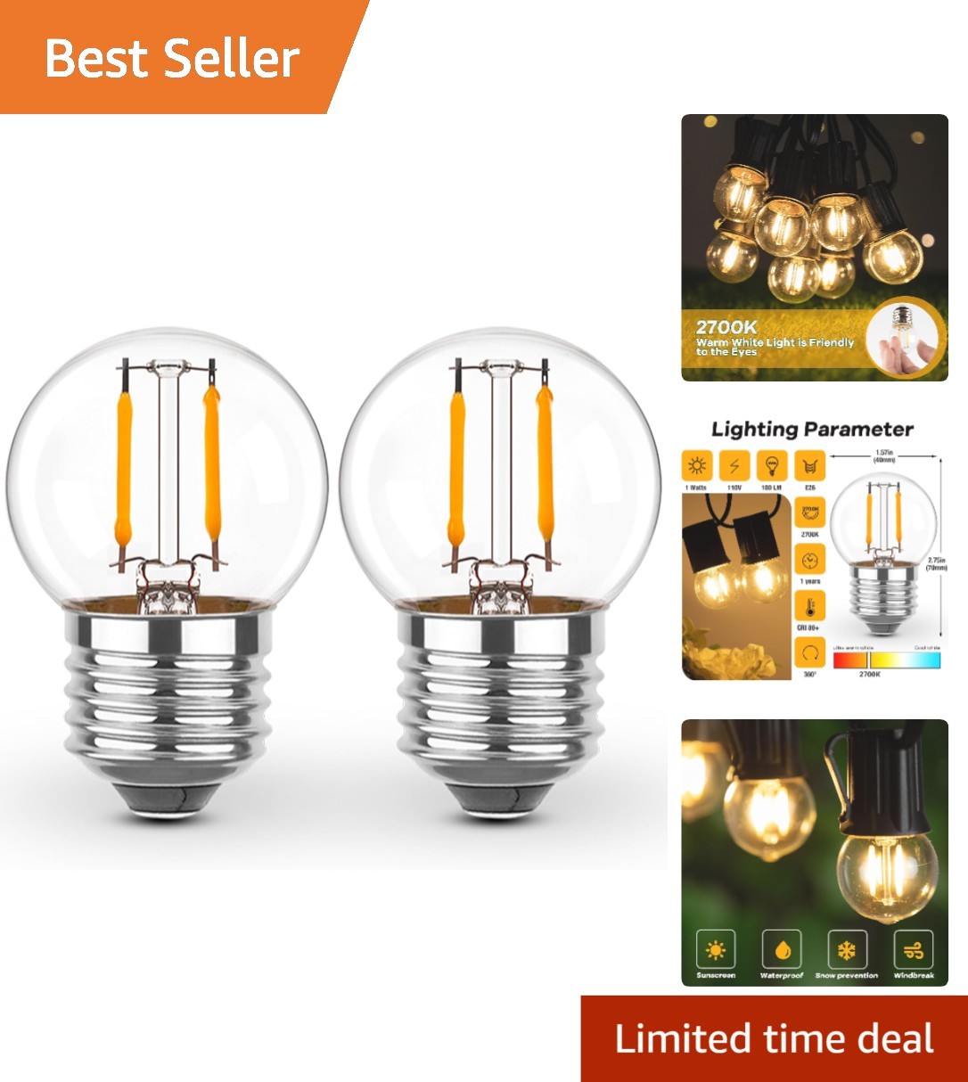 2 Pcs E26 G40 LED Bulbs - 1W Warm White Lighting Equiv. to 10W Incandescent gallery