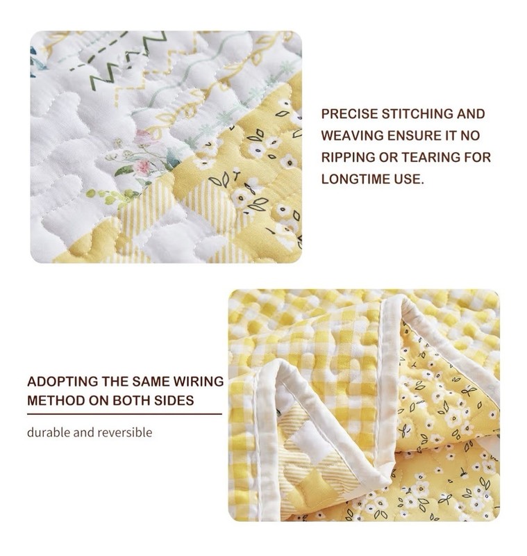 3pc Floral Patchwork Quilt Set Queen - Yellow White Reversible Bedspread & Shams gallery