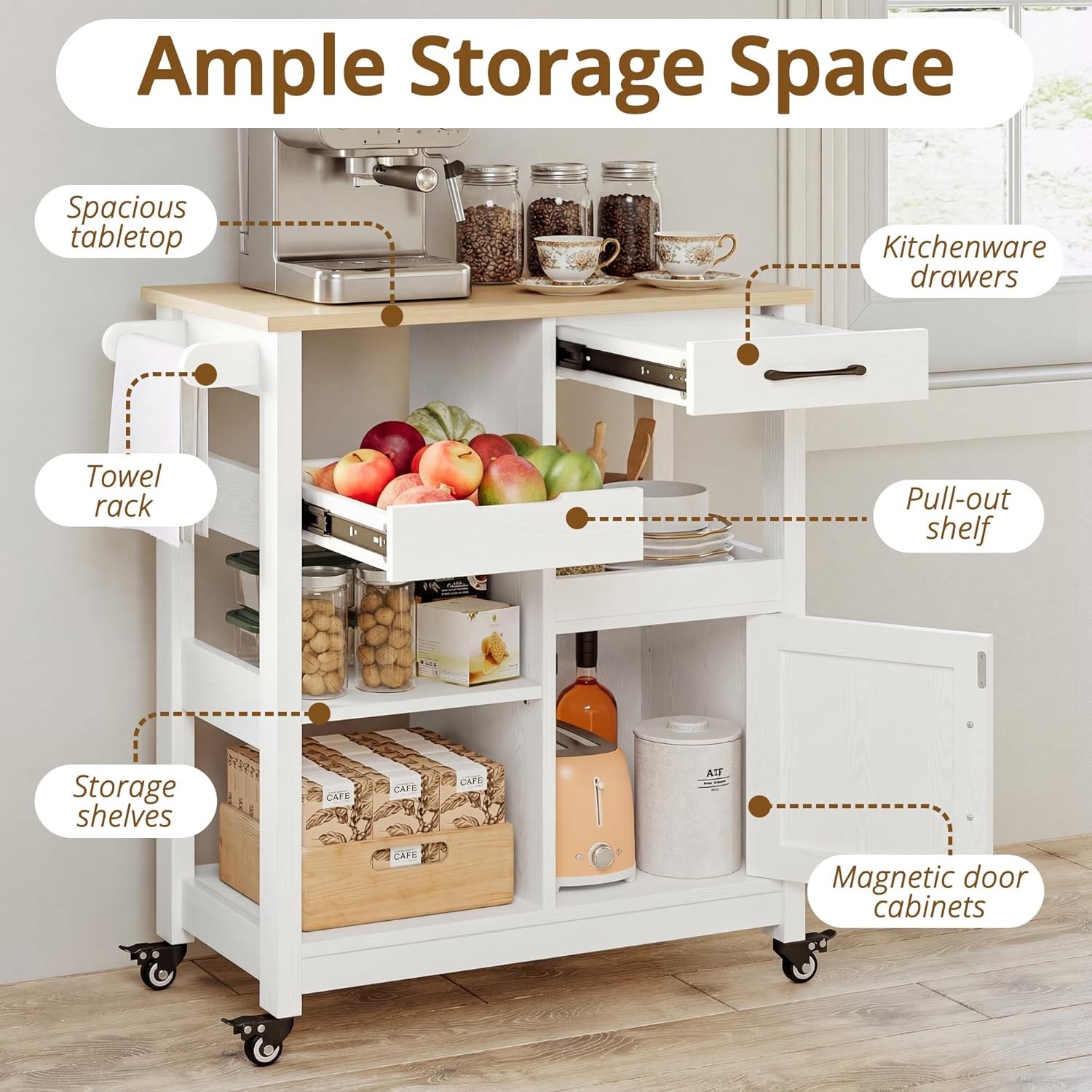 White Natural Wood Rolling Kitchen Storage Cart gallery