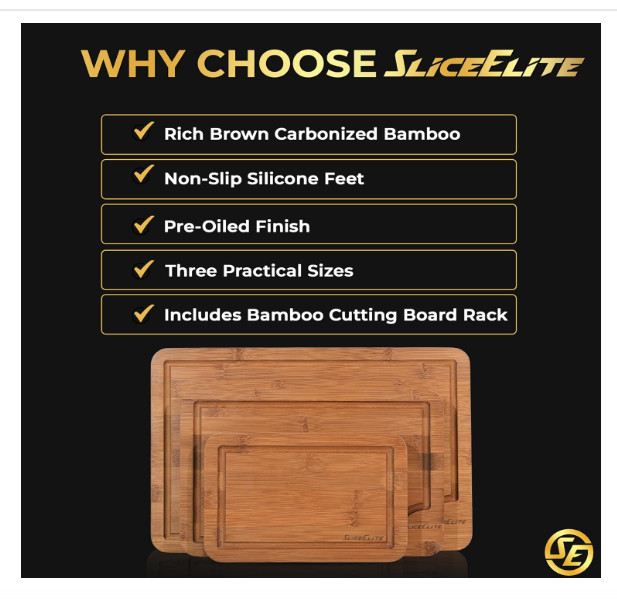 SliceElite Rich Brown Carbonized Bamboo Cutting Board Set 3 Piece with Stand gallery