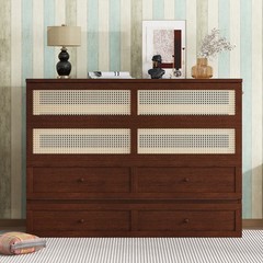 Murphy Wall Bed, Queen Pine Cabinet with Storage Drawer & Rattan Decor
