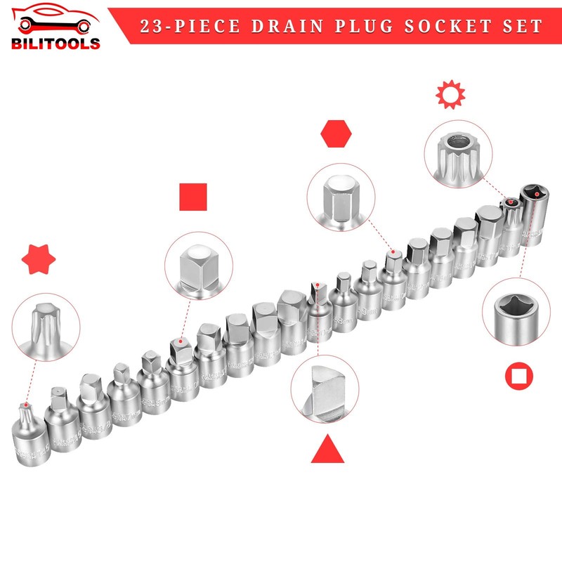 BILITOOLS 23-Piece Drain Plug Socket Set, 3/8" Drive Oil Drain Plug Key for B... gallery