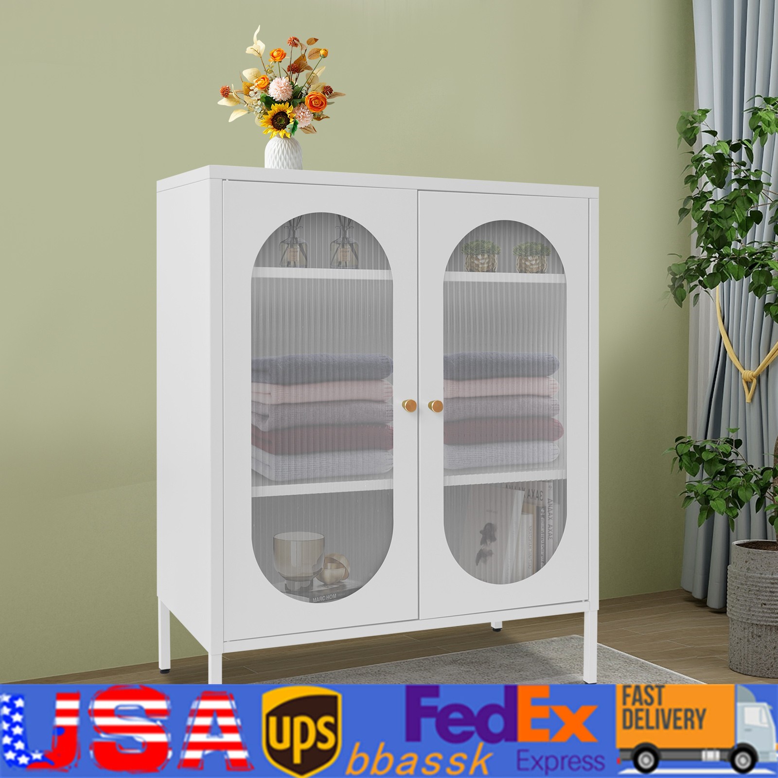 3-Tiers Accent Display Storage Cabinet W/2 Glass Door For Living Room80*40*102cm gallery