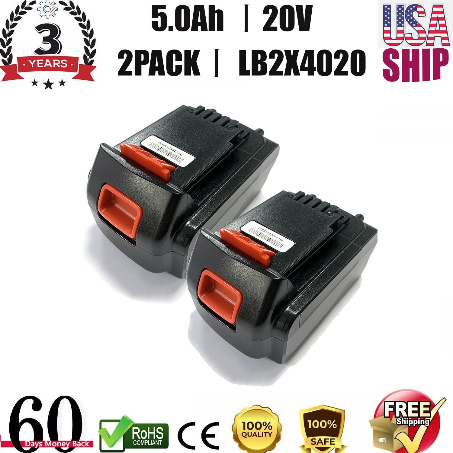 2X 5.0Ah 20V Lithium-ion Battery For Black & Decker 20 Volt MAX LBXR20 LB2X4020 gallery