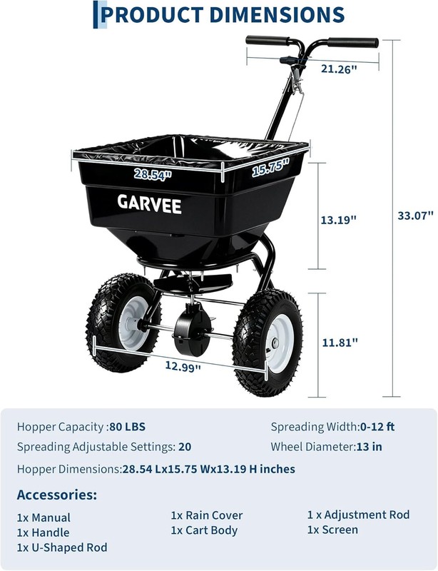 80 LBS Push Broadcast Spreader, 12FT Width 13in Wheels Adjustable Flow for Lawn gallery