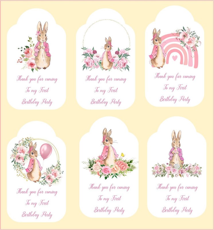 PETER RABBIT BEATRIX POTTER GIRL FIRST BIRTHDAY PARTY TAG 16 GLOSSY SILK RIBBON gallery