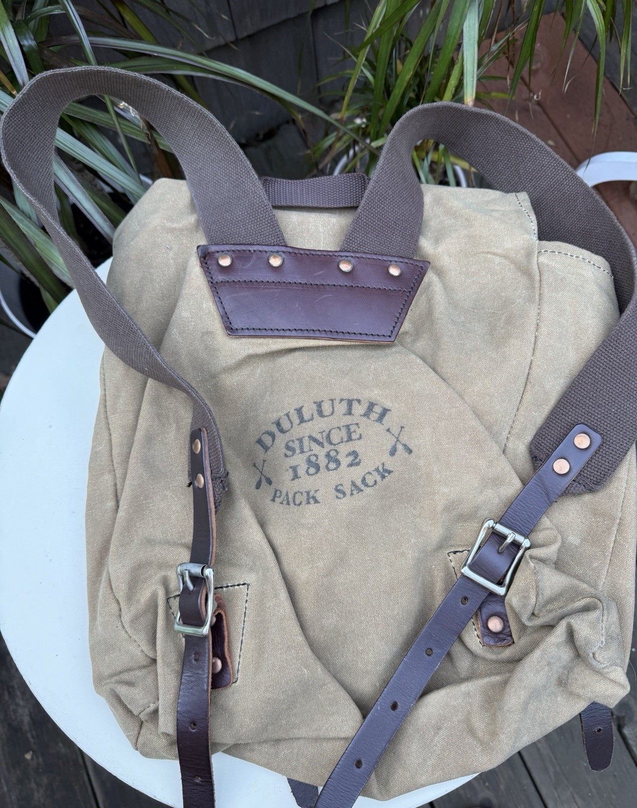 Rustic Duluth Pack Sack Backpack Canvas With Leather Straps 13” 2
