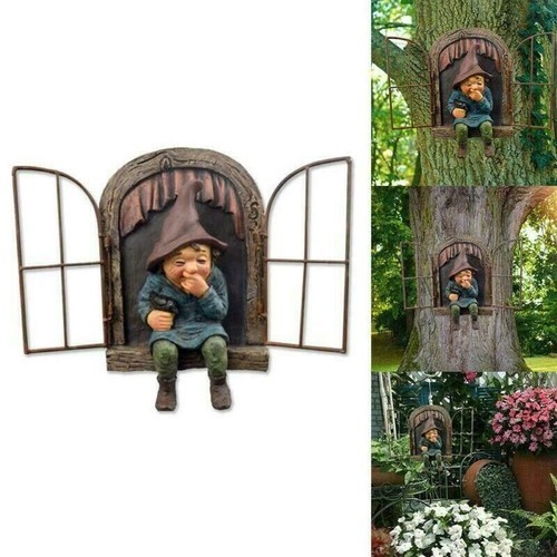 ELF OUT THE WINDOW GARDEN GNOME TREE HUGGER DWARF RESIN CRAFTS FEMALE STATUE US gallery