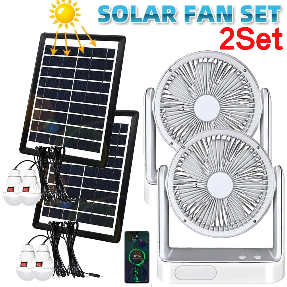 2pack Rechargeable Solar Fan Set w/ Solar Panel 3 Speeds LED light 4 Free Bulbs gallery