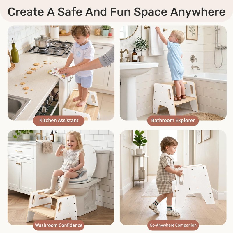 White Wooden Toddler Step Stool 3Height Adjustable 300lb Capacity Kitchen gallery