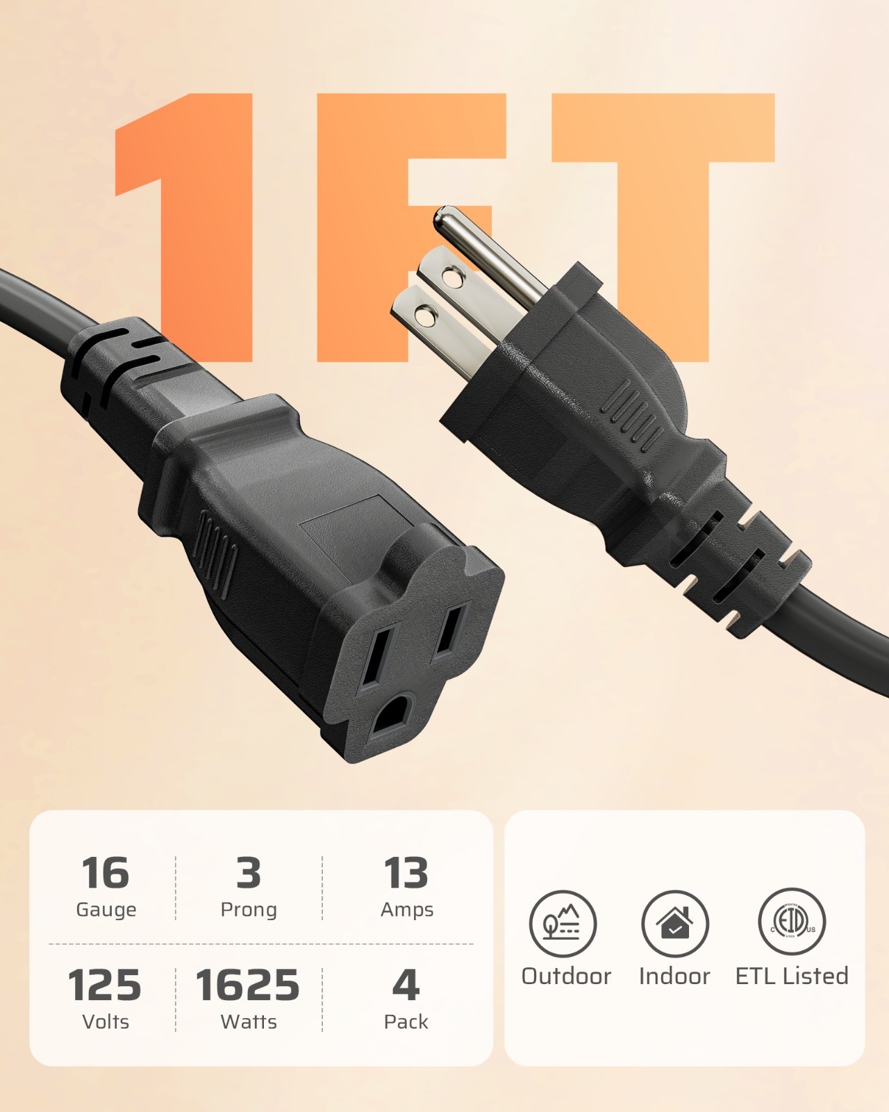 DEWENWILS 4ps Short Extension Cord, 1 Foot Power Cord, Black, UL Listed,4 Pack gallery