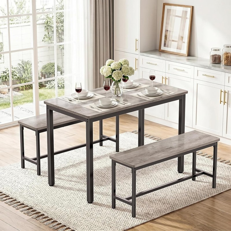 Dining Table Set 4 Kitchen Table W/ 2 Benchs Modern Functional 3-Piece Dining gallery