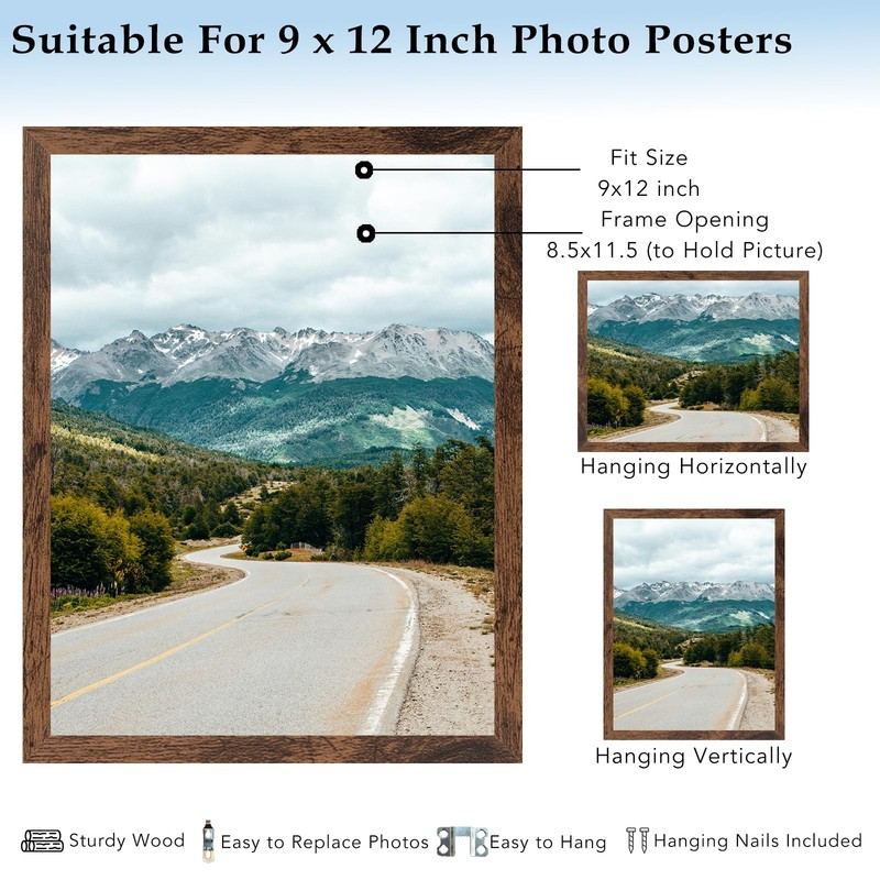 QOTIB 9x12 Picture Frame Deep Brown for Wall Hanging or inch, gallery