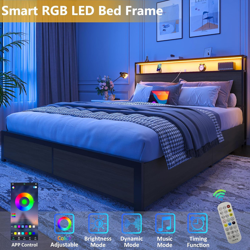 Rustic Grey Queen Bed Frame with Storage Headboard & Charging Station gallery