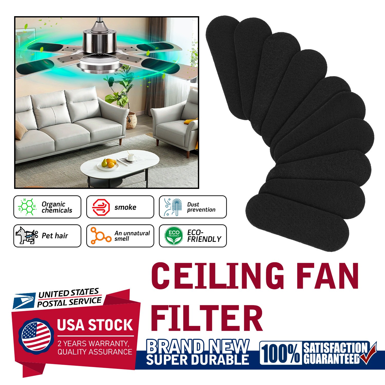 10 Pack Ceiling Fan Filters for Blades Activated Coconut Carbon Air Purifier Pad gallery