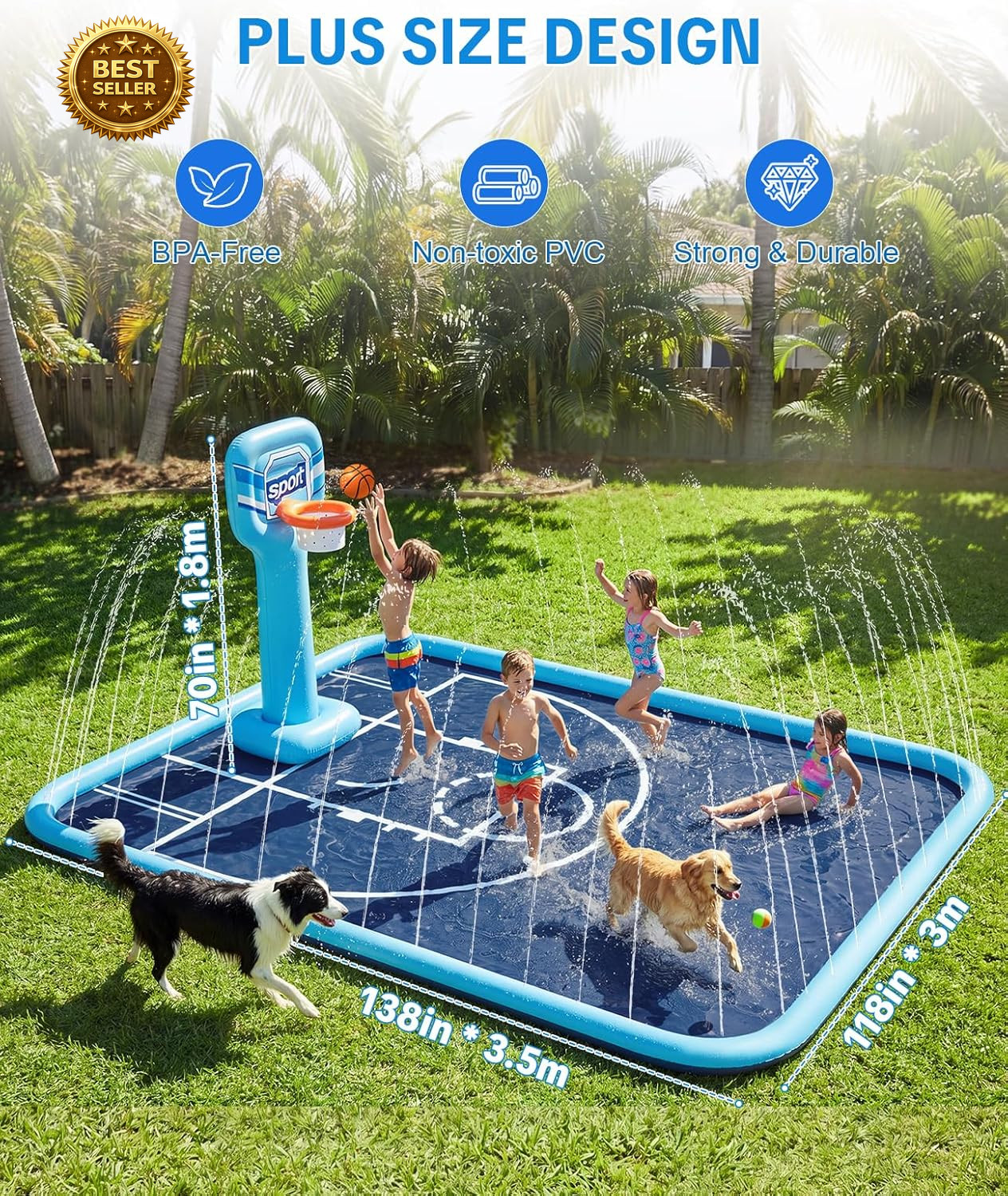 Splash Pad for Kids, 118"X138" Extra Large Sprinkler Splash Pad with Basketball gallery